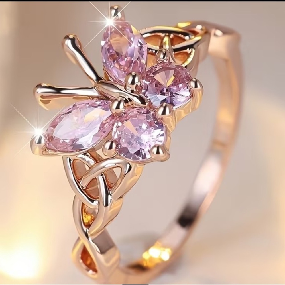 14 k Rose Gold Plated Butterfly Ring with Pink Synthetic Cubic Zirconium